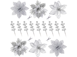 30 Flores Poinsettia Glitter Frutos Artificiais Prata S/MARCA