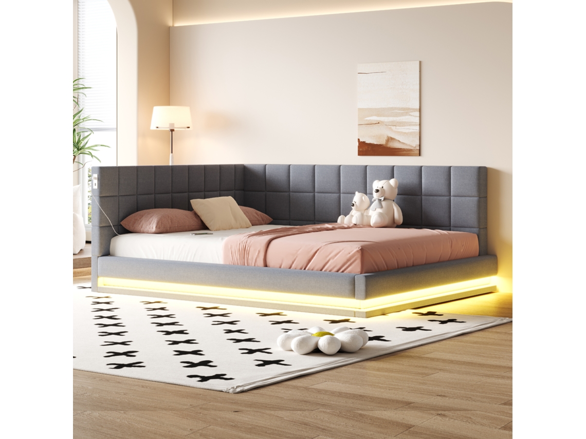 Sofá Cama 160x200 Com Led Usb Lattenrost Linho Cinza