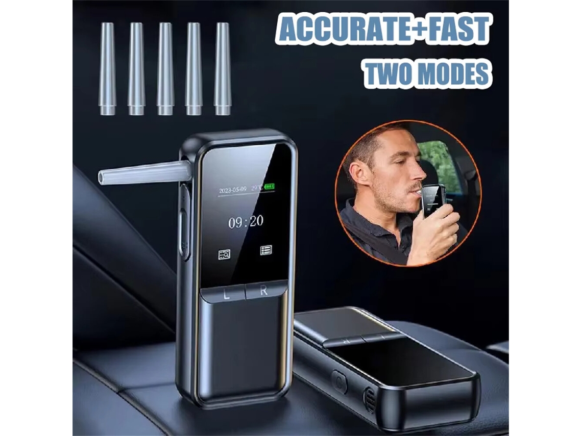 Bafômetro digital de precisão preto, sem necessidade de teste de bafômetro, profissional, com visor LCD, recarregável via USB.