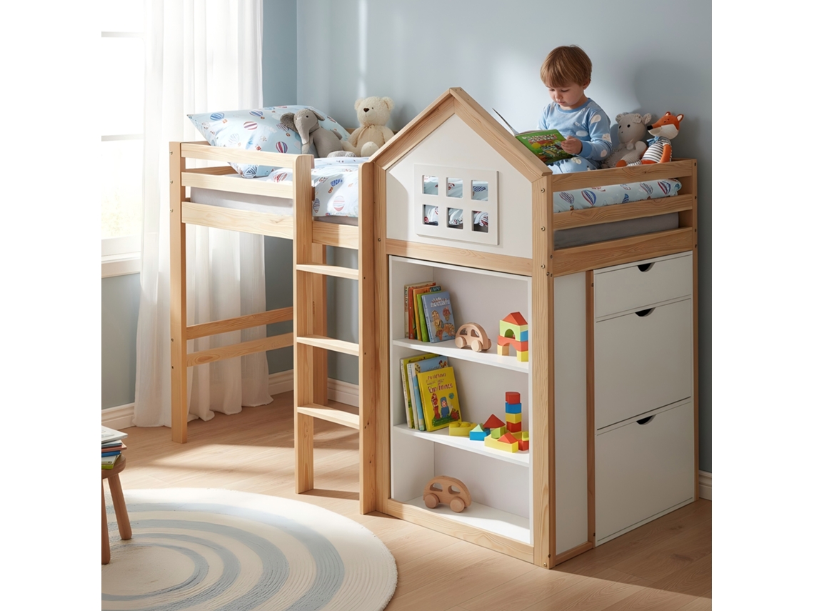 Cama Alta Infantil 90x200cm Com Prateleiras Gavetas Escadas Seguras Branco+natural