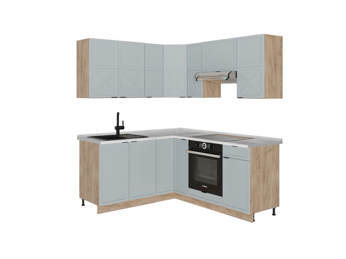 Cozinha Em Ângulo Fame Line, 160x190cm, Pt Mármore, Azul Claro Cinza / Carvalho Força De Ouro, Carvalho De Força Dourada, Vicco