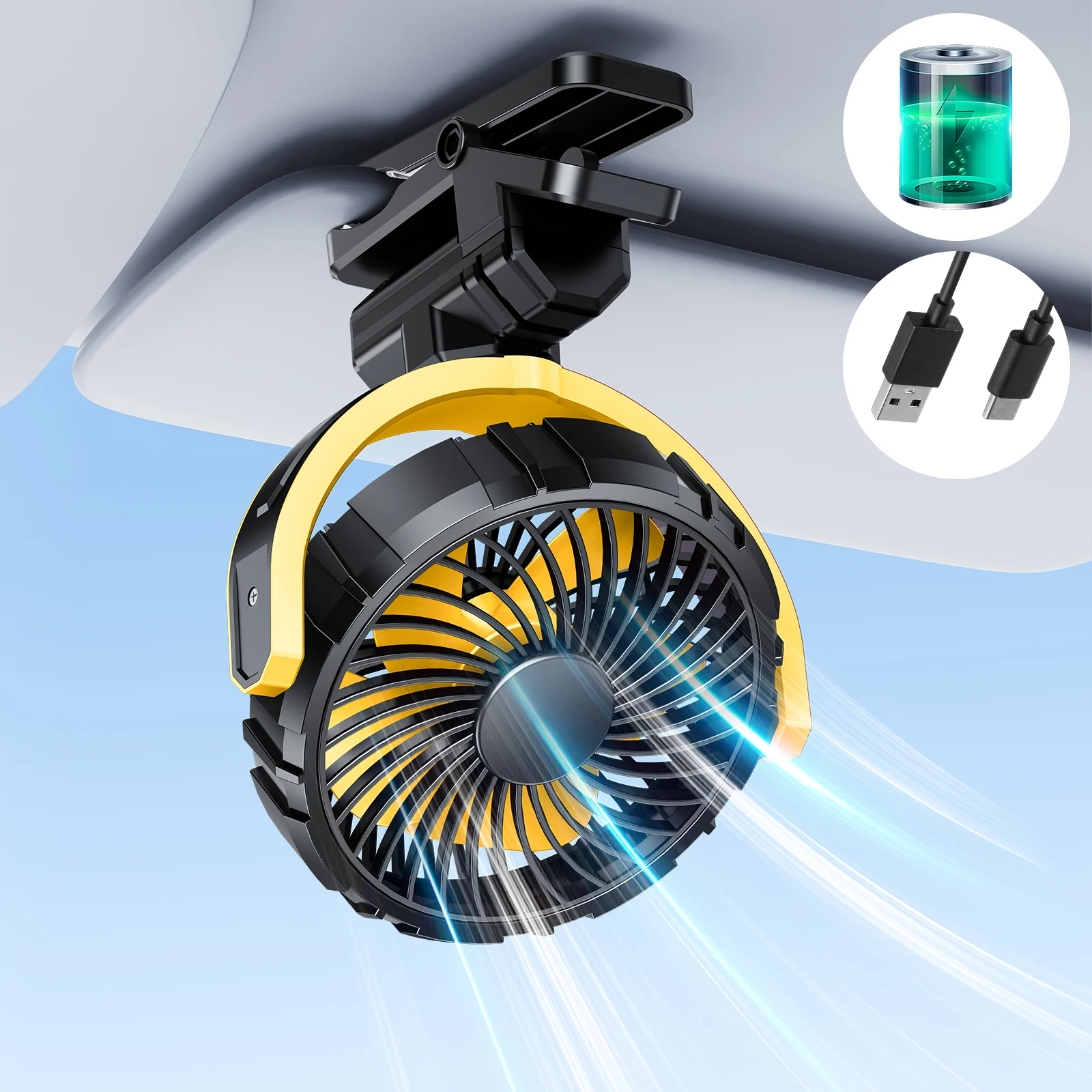 Ventilador de encaixe MDUG, recarregável, 900°, 3 velocidades
