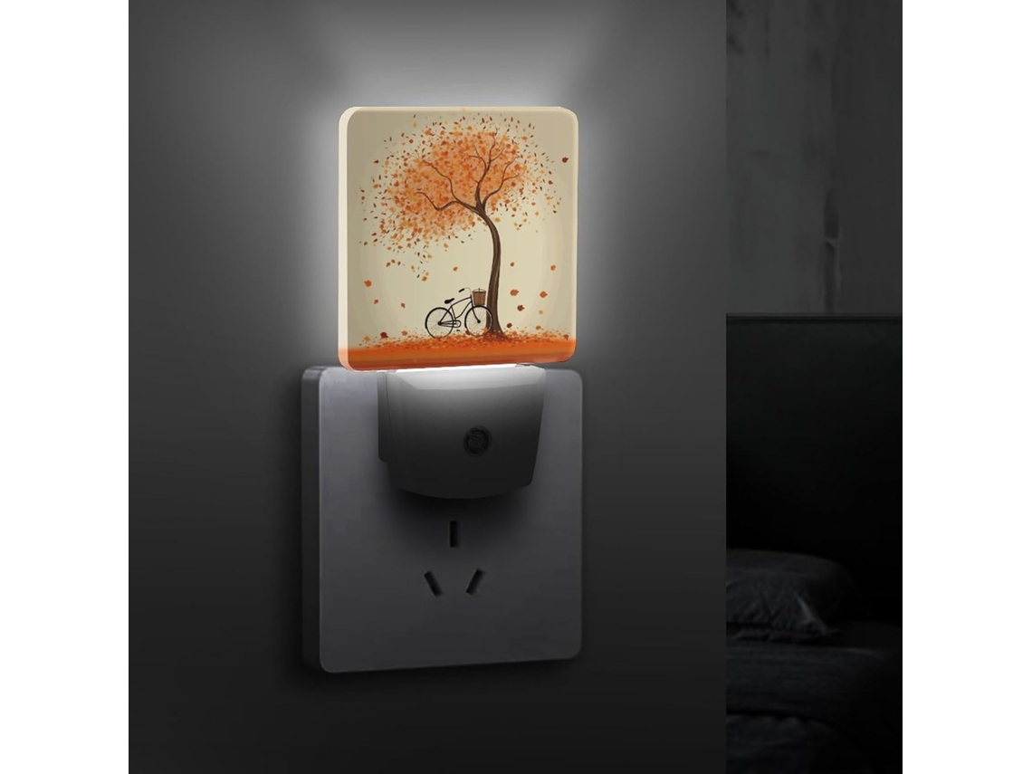 Luminária Noturna De Parede Com Árvore Outono E Bicicleta, Led Com Sensor Crepuscular, Decorativa E Eficiente