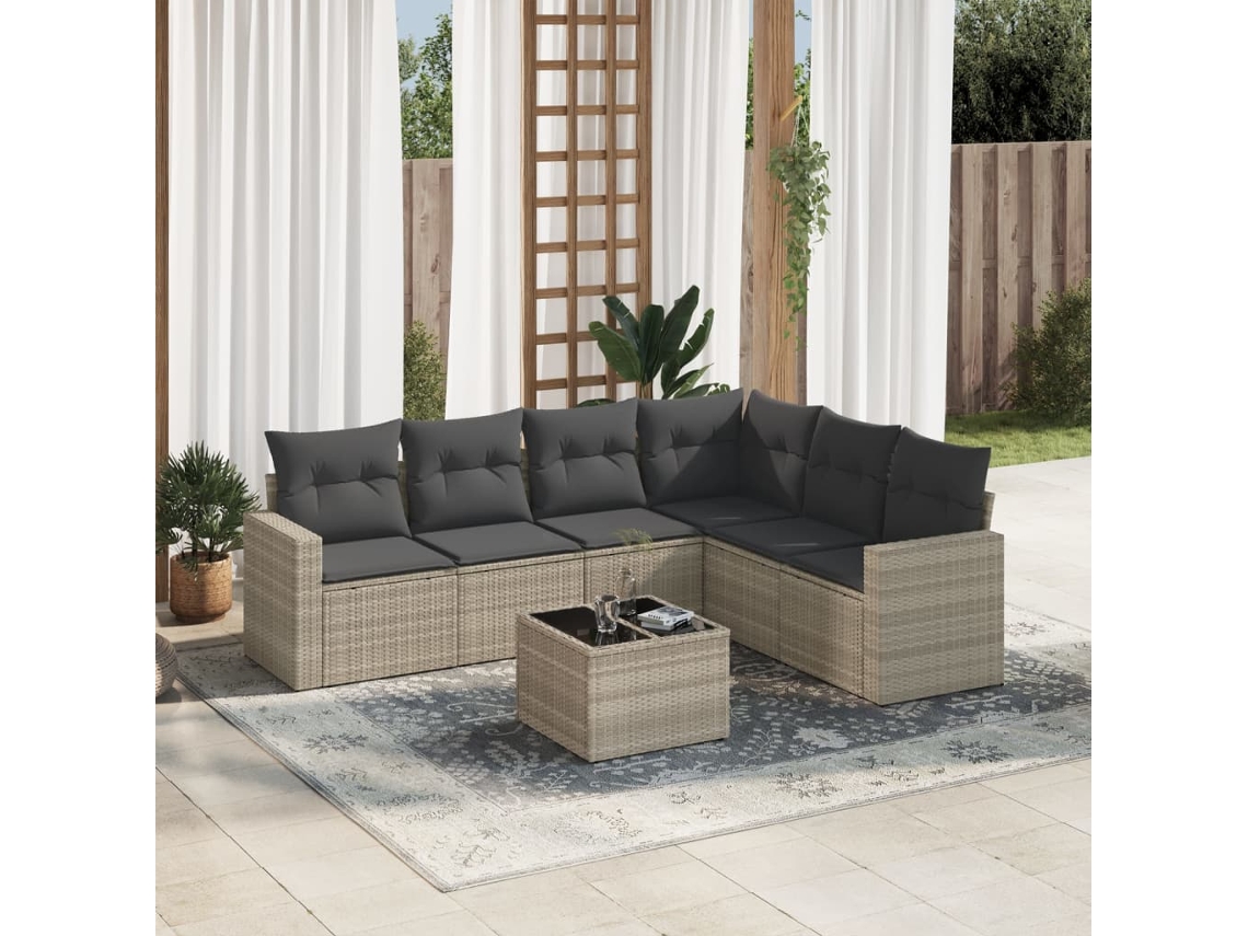 Vidaxl 7 Pcs Conj. Sofás Jardim Com Almofadões Vime Pe Cinzento-claro