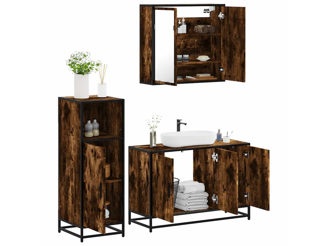 Vidaxl 3 Pcs Conjunto De Móveis Wc Madeira Processada Carvalho Fumado