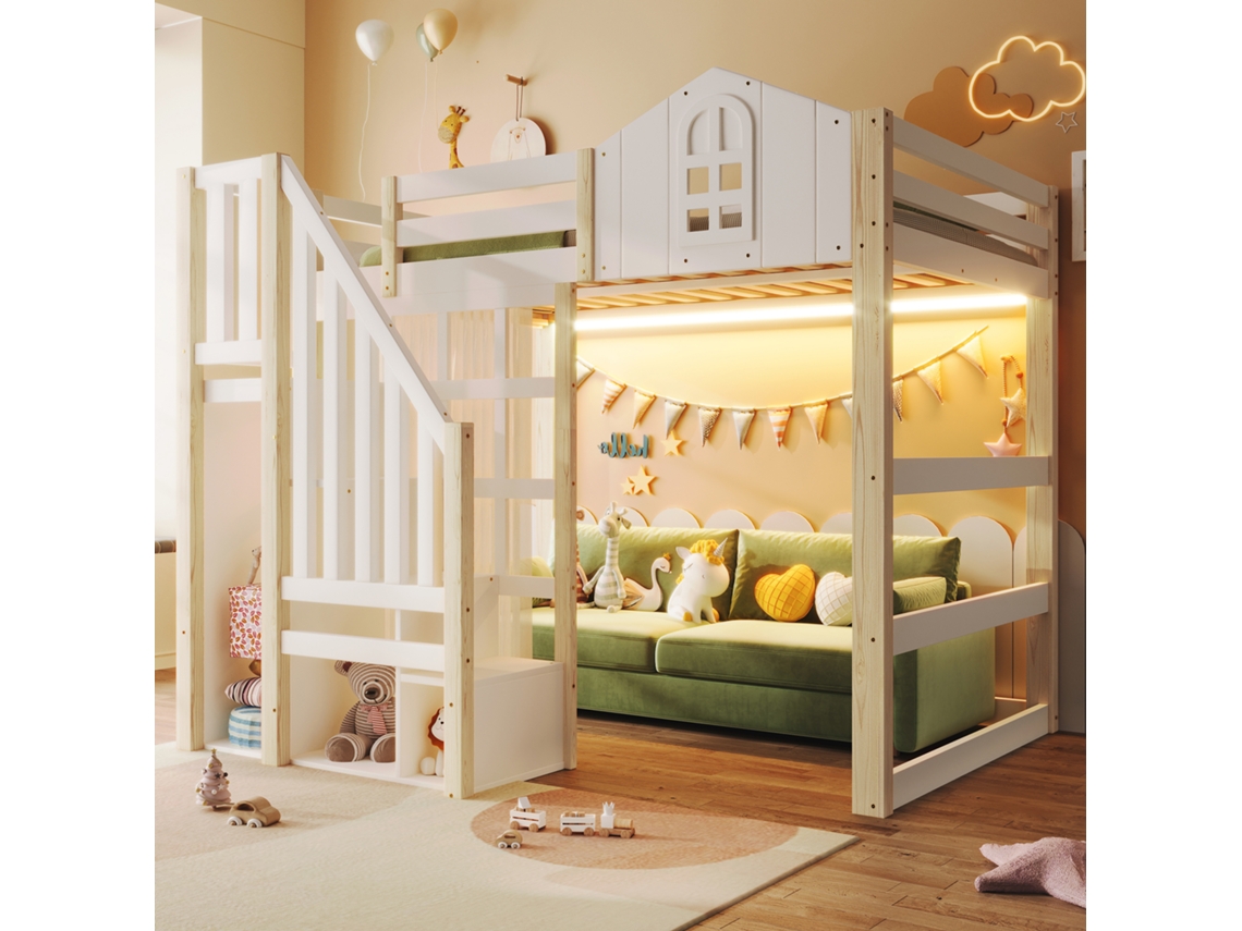Cama Alta 140x200 Casa Com Led E Arrumação Branca