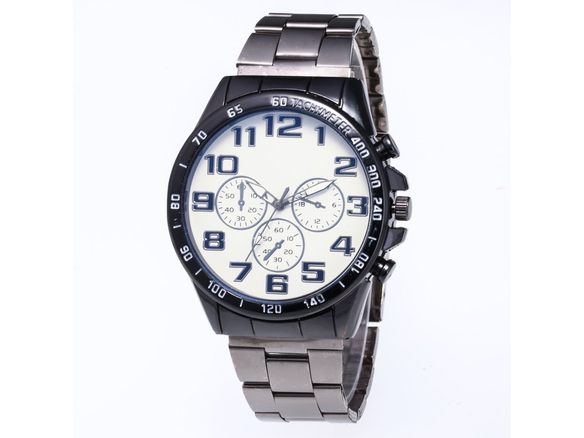 Relógio de pulso masculino em aço com pulseira de aço, mostrador redondo, moderno, quartzo (preto e branco)