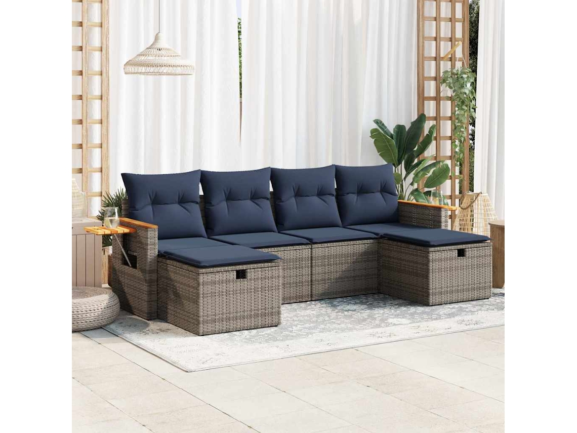 Vidaxl 6 Pcs Conjunto Sofás De Jardim Com Almofadões Vime Cinzento