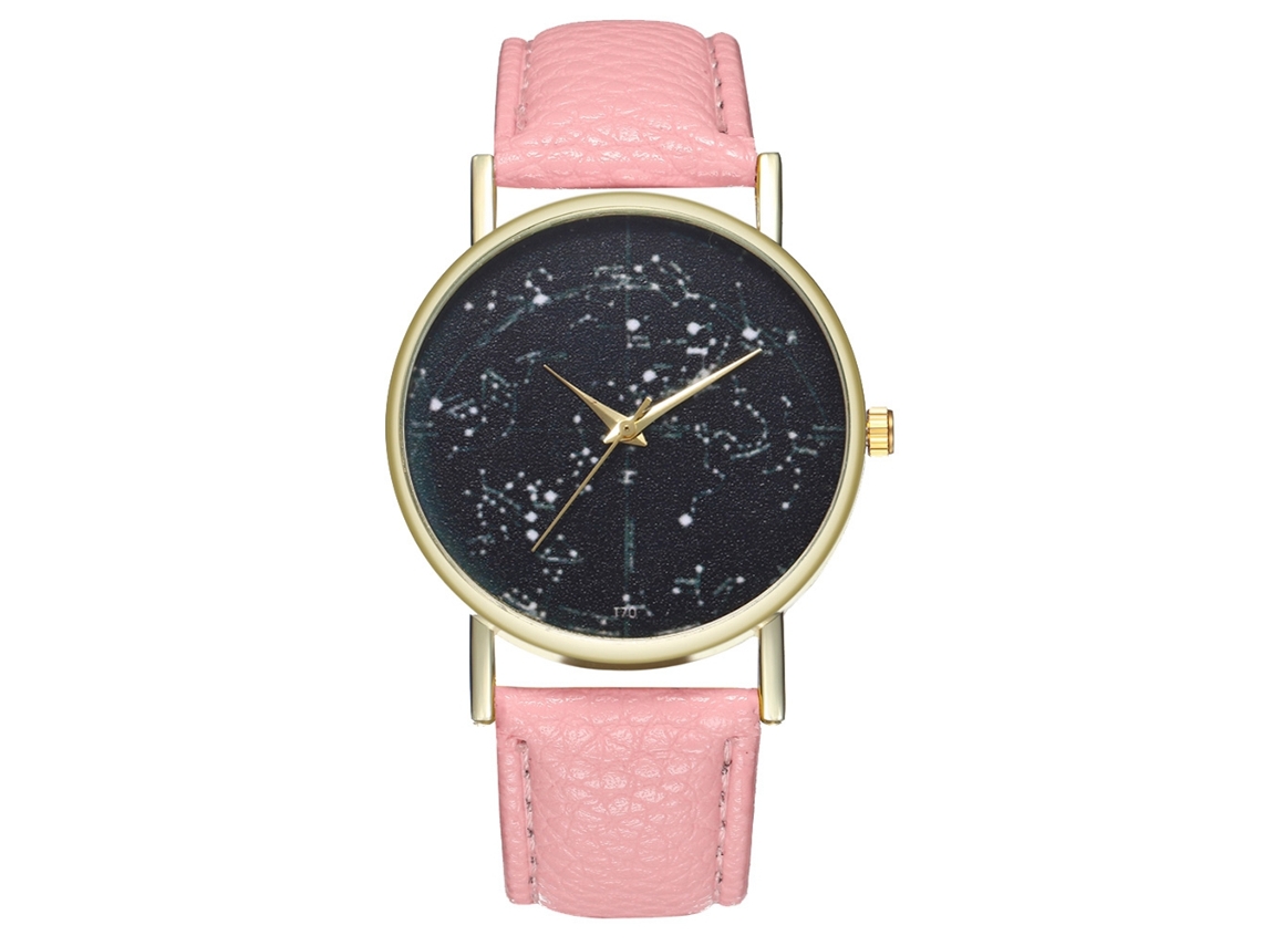 Relógio de pulso de quartzo unissex com pulseira de couro PU rosa.