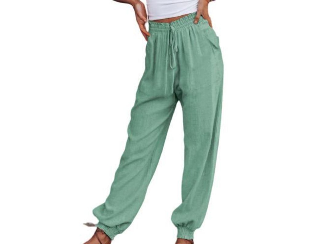 2026 pantalones Deportivos para Mujer com Cintura Elástica e Cordão, Soltos, com Bolsos L Verde Claro