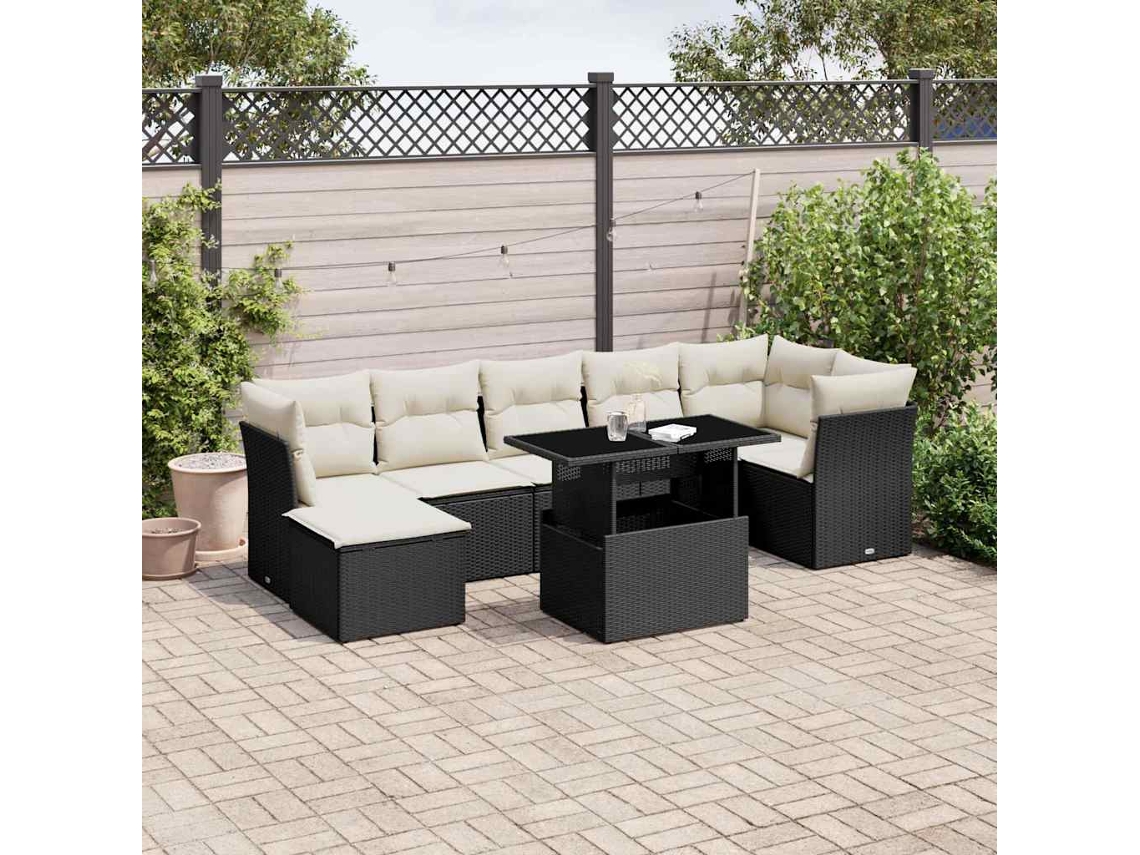 Vidaxl 8 Pcs Conjunto Sofás De Jardim Com Almofadões Vime Pe Preto