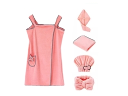 Conjunto 5 Peças Toalha de Banho Macia Coral Fleece Secagem Rápida Chapéu Princesa Rosa Cereja
