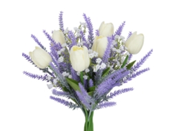 Buquê de Flores Artificiais Roxas, Lavanda Falsa de Plástico com Tulipas Brancas, Arranjo Floral para Decoração de Primavera. AQUAFORGE