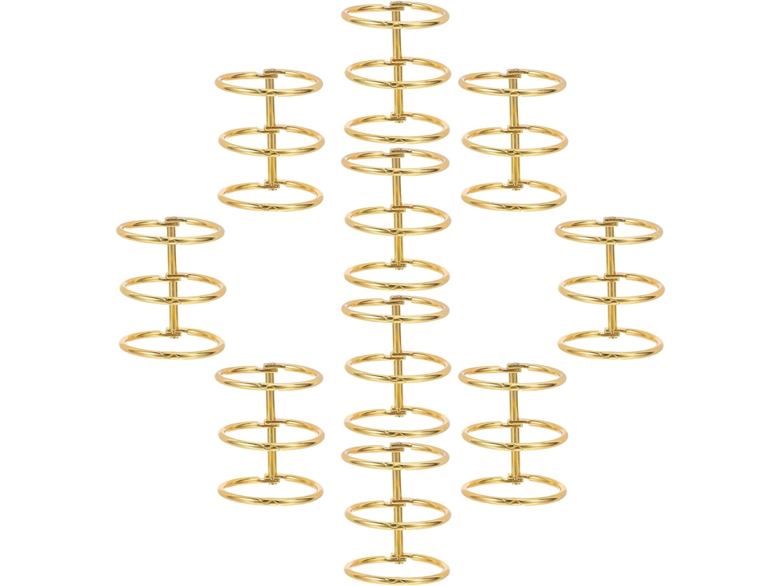 Clipes de papel circulares dourados de 30 mm, resistentes, com 3 ranhuras, da marca Aneis, ideais para uso escolar e em mesas.