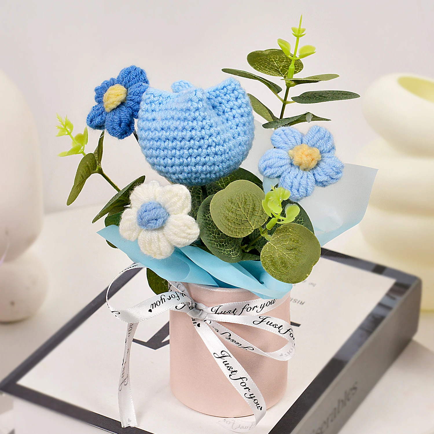 (azul) Buquê De Crochê Feito À Mão, Buquê De Tulipas Tricotadas, Decoração Para Casa E Presente