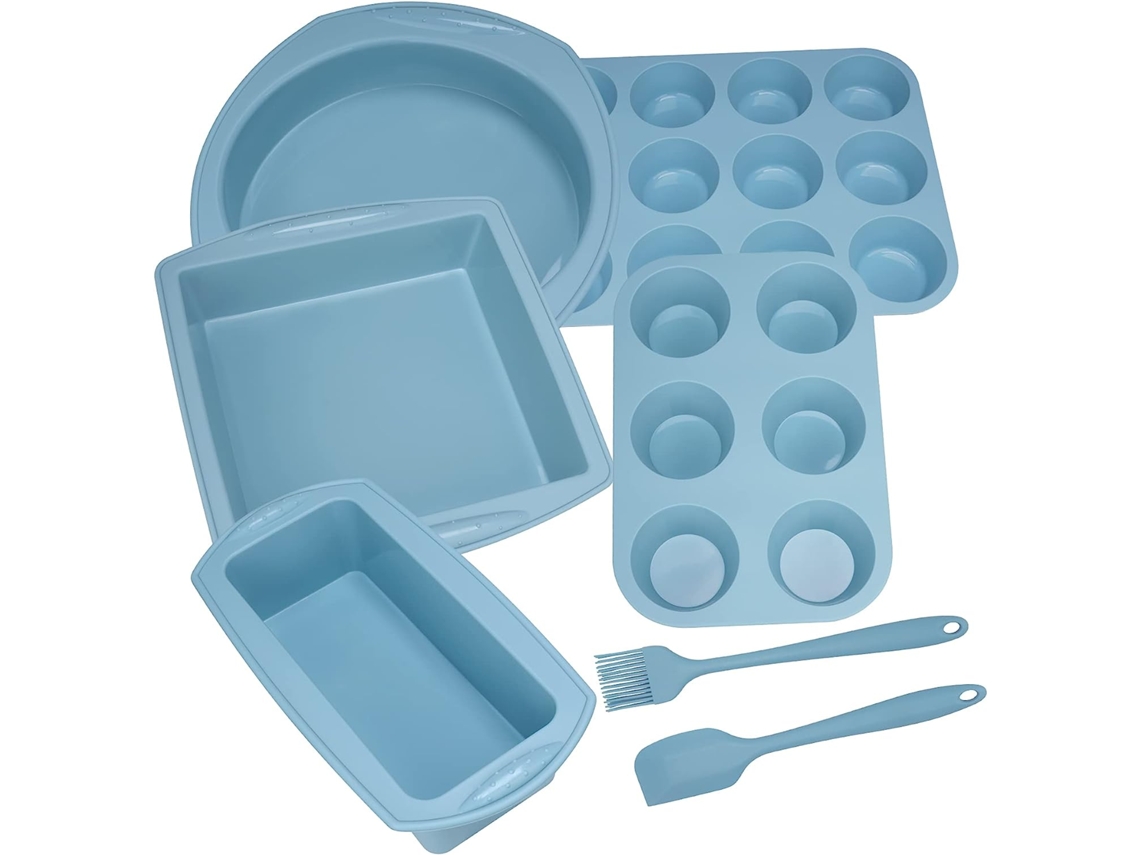 Conjunto de Assadeiras Antiaderentes de Silicone 7 em 1, Kit Utensílios para Grelhar em Formato de Bolo, Assadeira para Biscoitos e Bandejas Zeuxo