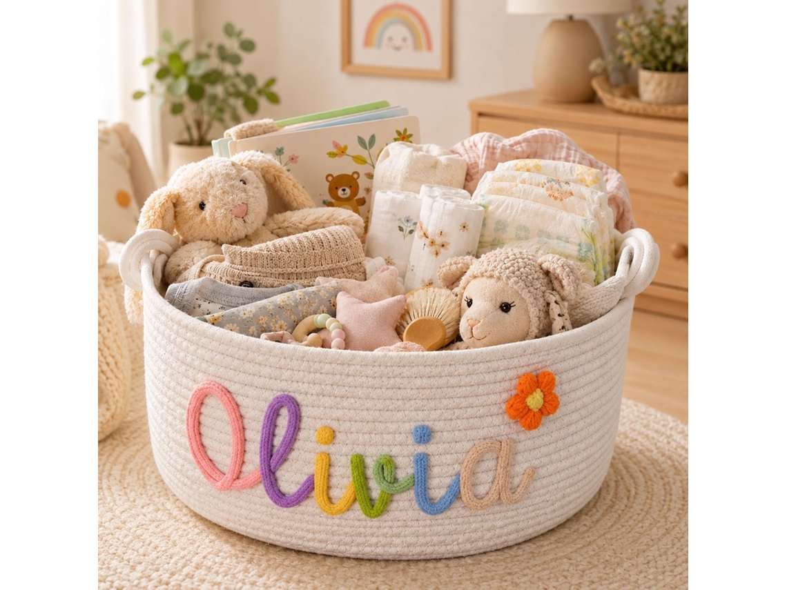 Cesto Organizador Personalizado Para Bebê, Cesto Para Fraldas E Cobertores Personalizado Com Nome