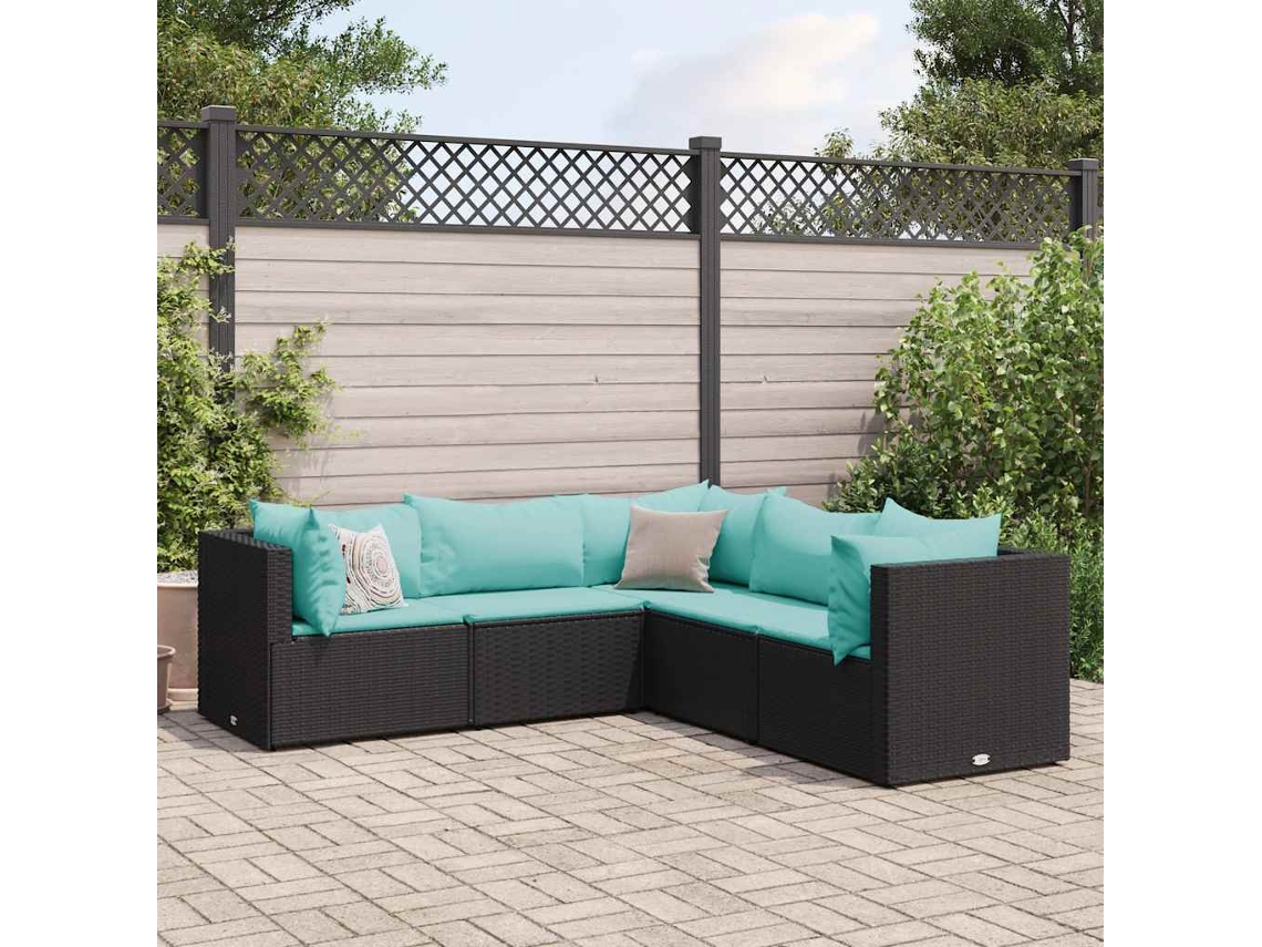 Vidaxl 5 Pcs Conjunto Lounge De Jardim C/ Almofadões Vime Pe Preto