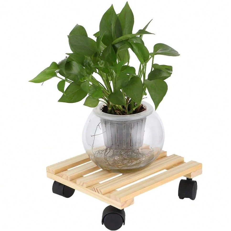 Suporte Plantas Madeira Rodízios 30x30cm Vasos Natural