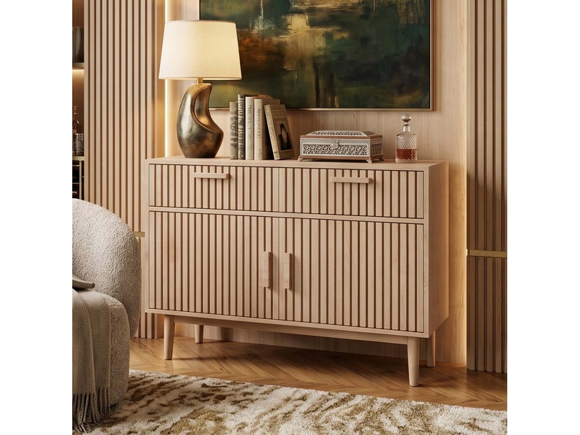 Lazyspace Aparador Cor De Carvalho Com Portas De Ripas E Pés Em Madeira Maciça 100x35x80 Cm Com Gaveta E Arrumação Espaçosa - Cor De Carvalho