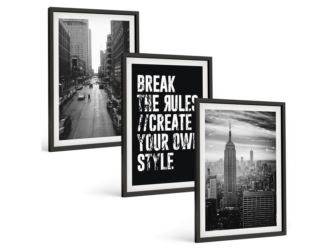Conjunto De Pinturas Ruas Da Cidade, Inspiração Em Preto E Branco Espelharte (3 Peças 40x60 Cm)