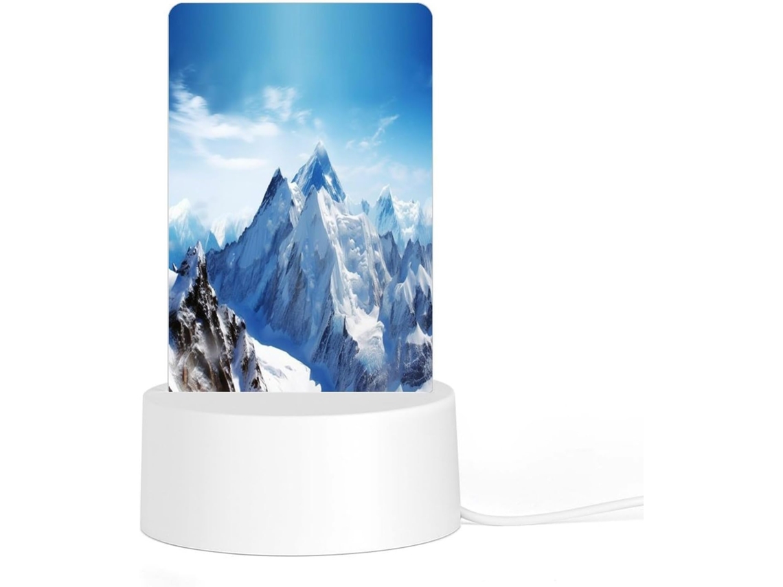 Luminária noturna de LED em acrílico com base plástica encaixável, apresentando uma estampa da paisagem das montanhas de Nevada.