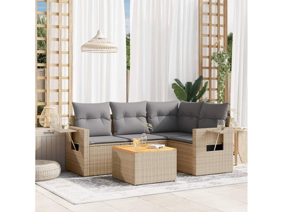 Vidaxl 5 Pcs Conj. Sofás Jardim C/ Almofadões Vime Pe Bege Misturado