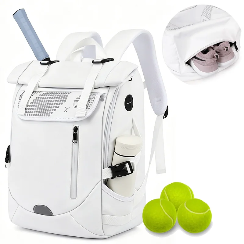 Mochila/bolsa De Tênis Branca De 15 Polegadas Com Capacidade Para 2 Raquetes E Compartimento Para Sapatos.
