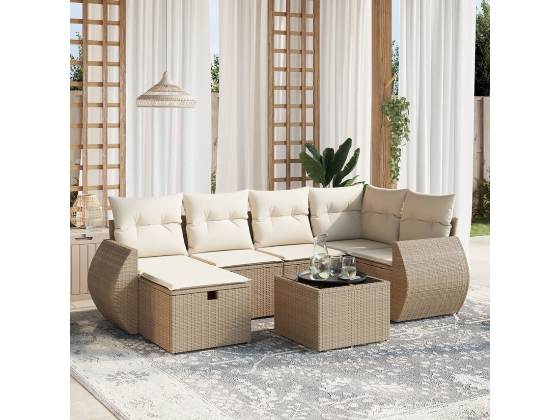 Vidaxl 7 Pcs Conjunto De Sofás P/ Jardim Com Almofadões Vime Pe Bege