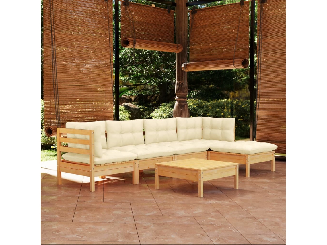Conjunto 6 Peças Lounge Jardim C/ Almofadões Cor Creme Pinho Dkd Home Decor