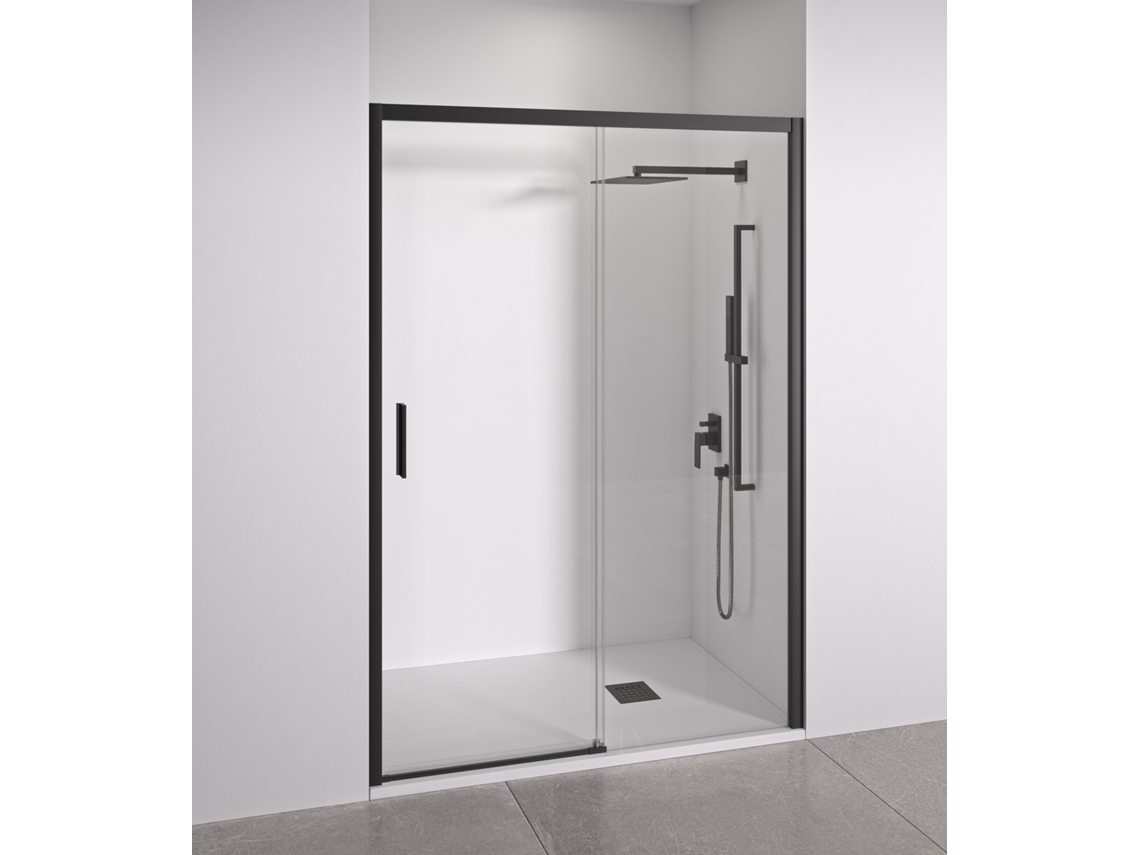 Porta De Duche De Correr Frontal Deslizantefixo Vidro Anticalcário 6mm Perfis Preto Fosco Largura 125 A 130 Cm Porta Esquerda Bellobath
