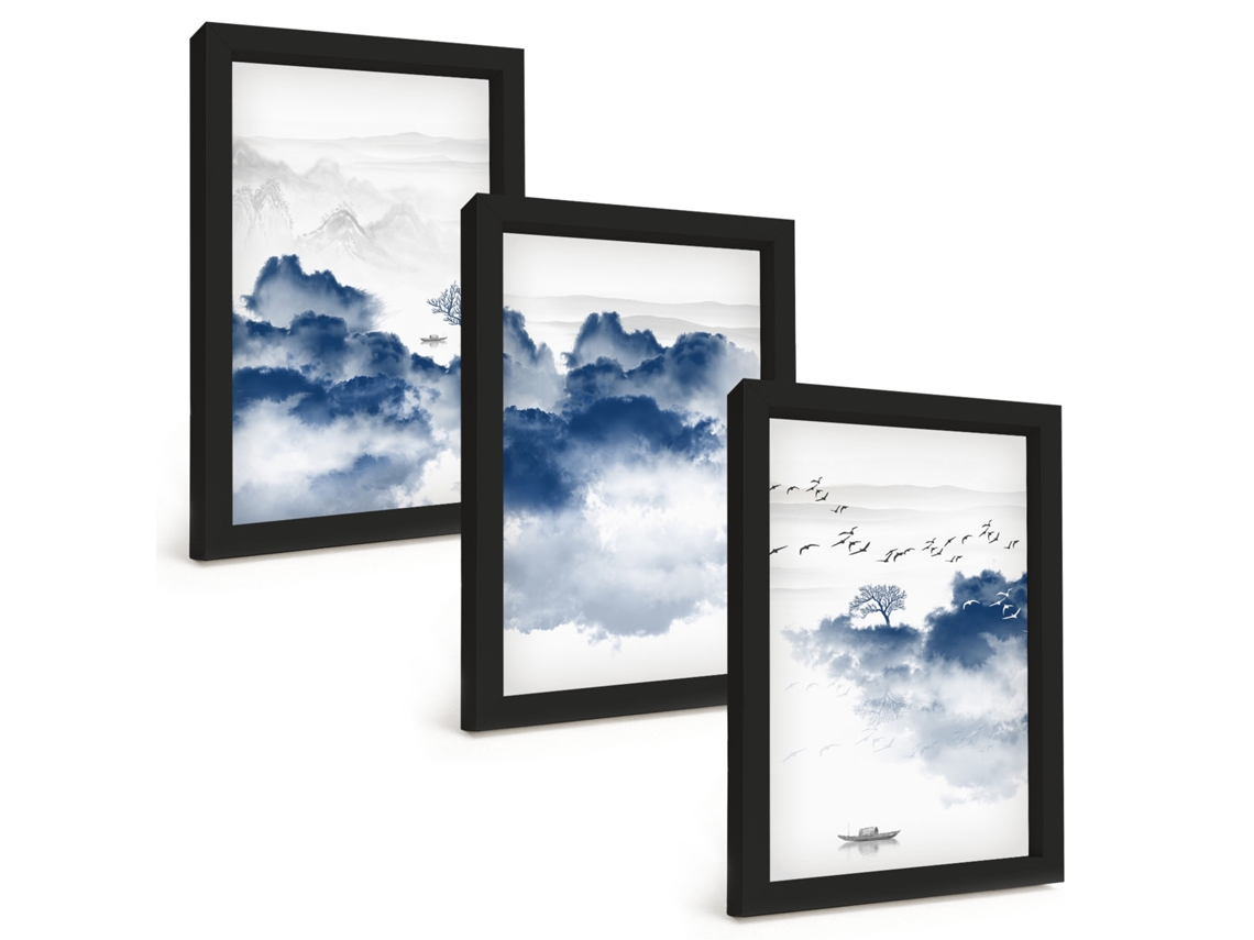 Composição De Quadros Montanhas Nuvens Árvores Pássaros Espelharte (3 Peças 20x30 Cm)