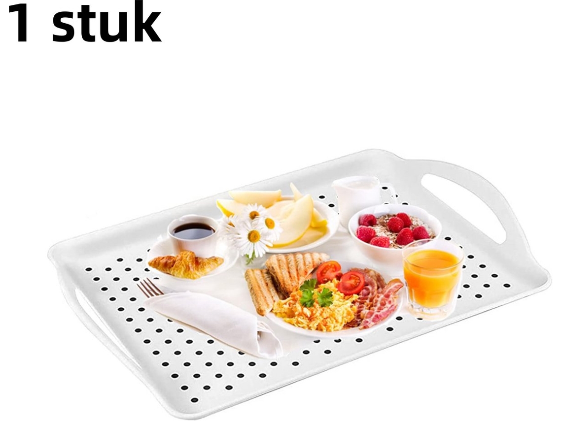 1 Peça – Bandeja De Servir – Retangular Com Duas Alças – Antiderrapante – Estilo Simples E Elegante – 45 X 32 X 4,5 Cm – Branca Com Bolinhas Cinza