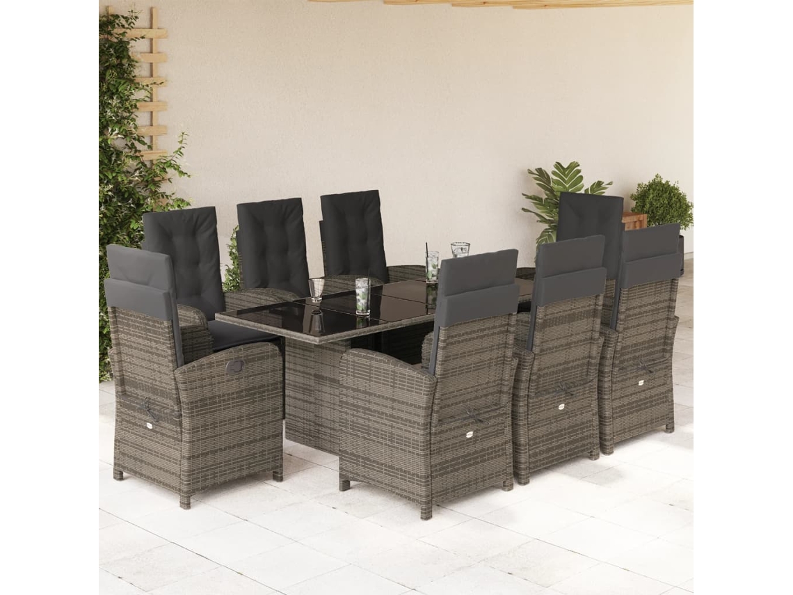 Vidaxl 9 Pcs Conjunto De Jantar P/ Jardim C/ Almofadões Vime Pe Cinza