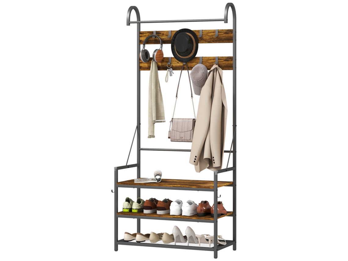 Cabide Entrada Com Poste, 10 Ganchos, Bancada E Sapateiro, Madeira E Metal, 80x40x182 Cm, Marrom E Preto