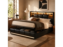 Cama 160x200 Cm Com Arrumação Hidráulica, Cama Baú Com Sommier Led E Usb, Cama De Casal Estofada Com Cabeceira, Design Moderno, Preto Pu