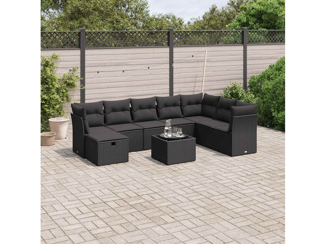 Vidaxl 9 Pcs Conjunto De Sofás P/ Jardim C/ Almofadões Vime Pe Preto