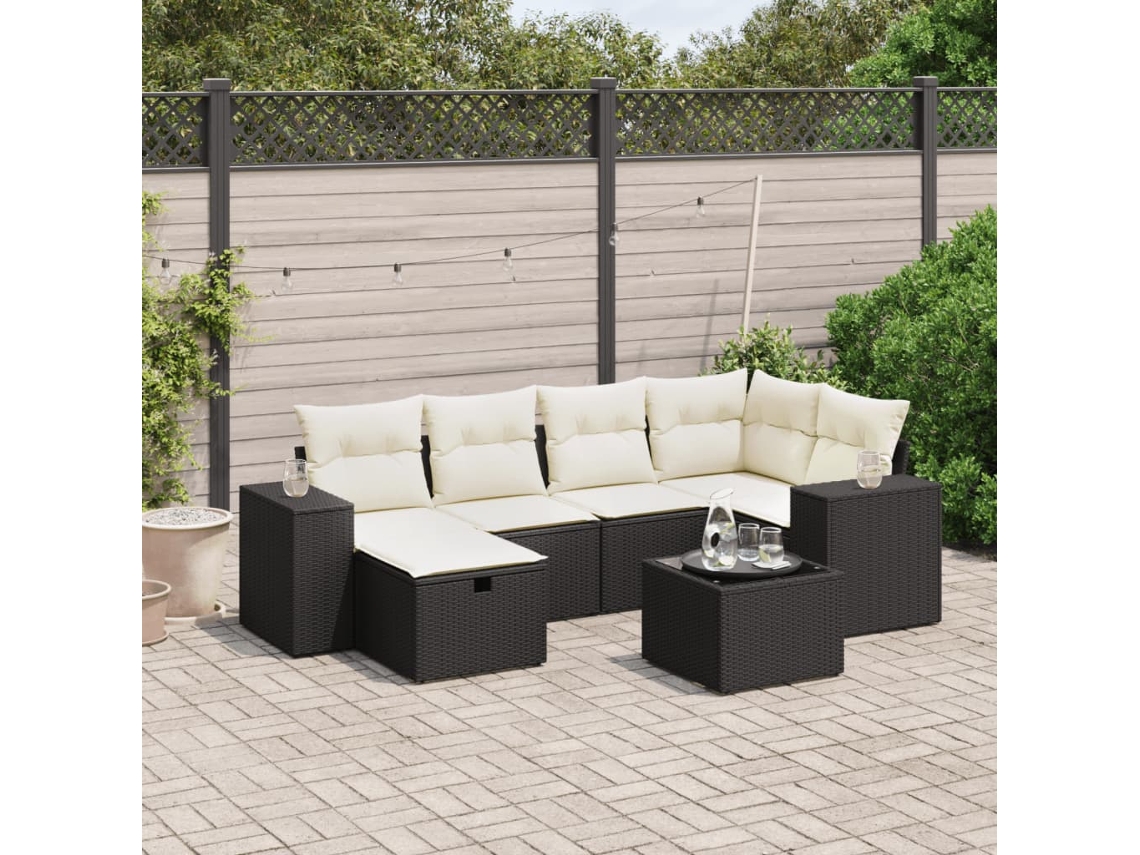 Vidaxl 7 Pcs Conjunto De Sofás P/ Jardim C/ Almofadões Vime Pe Preto