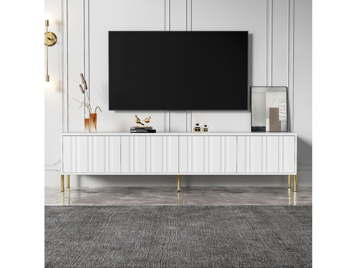 Armário De Tv Branco 190cmx38cmx48cm Com Pernas Douradas E Design De Porta Texturizada Mega Echo Trade Shop