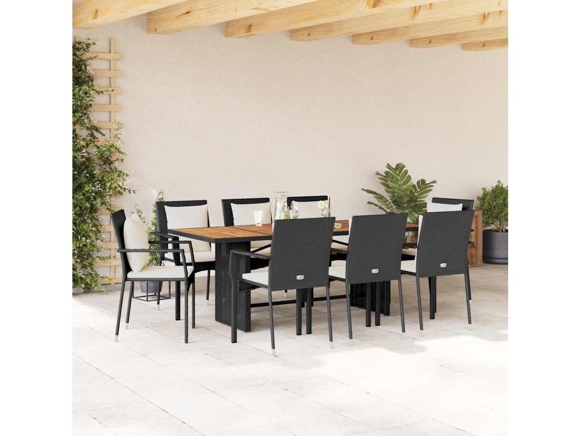 Vidaxl 9 Pcs Conjunto De Jantar P/ Jardim C/ Almofadões Vime Pe Preto