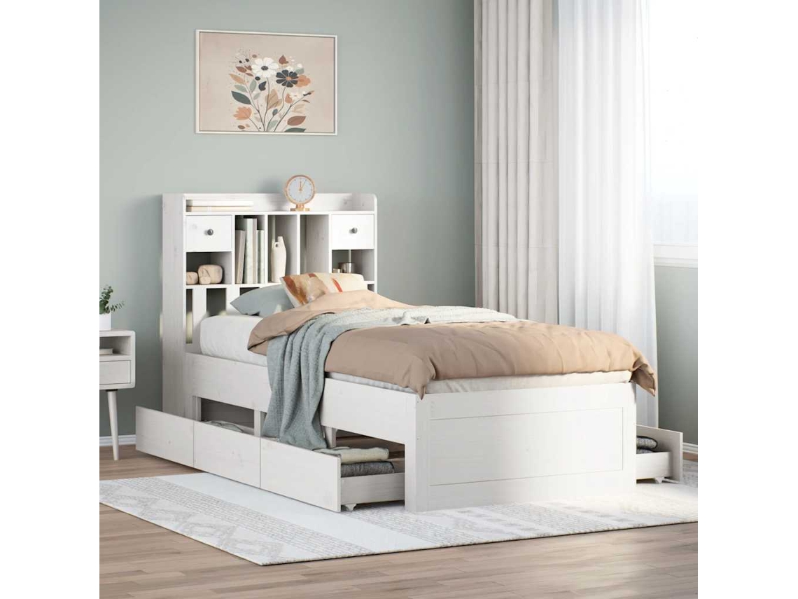 Vidaxl Cama Com Estante Sem Colchão 90x200 Cm Pinho Maciço Branco