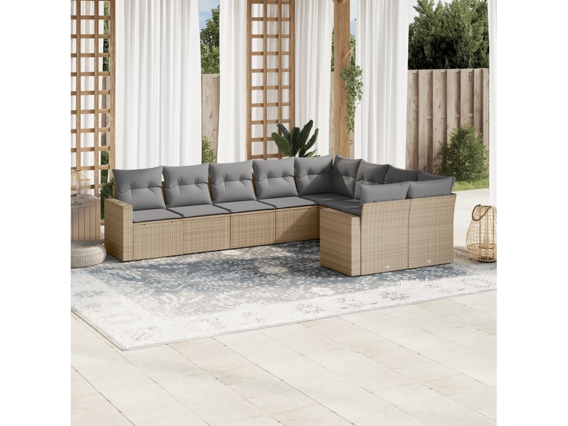 Vidaxl 9 Pcs Conjunto De Sofás P/ Jardim Com Almofadões Vime Pe Bege