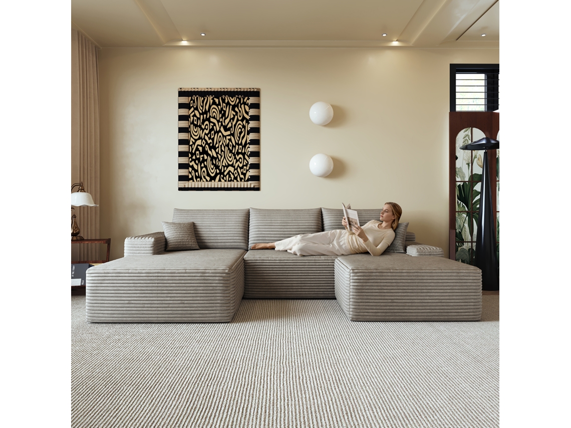 Sofá De Canto L Modular 270 Cm Com Chaise Longue, Assento Profundo, Moderno, Sem Montagem, Camel
