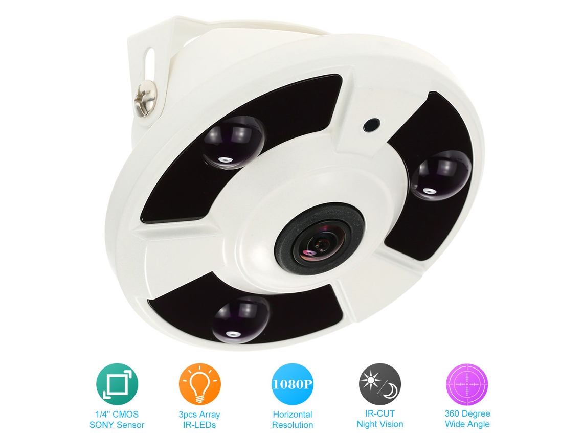 Câmara De Segurança Cctv Panorâmica 360° 1080p 2000tvl Fisheye 1.7mm Impermeável Ir Para Interior/exterior