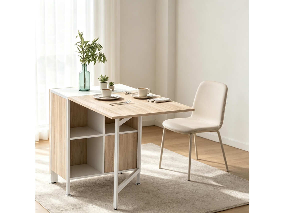 Mesa De Jantar Extensível E Dobrável Com Compartimento De Arrumação, Design Moderno E Funcional