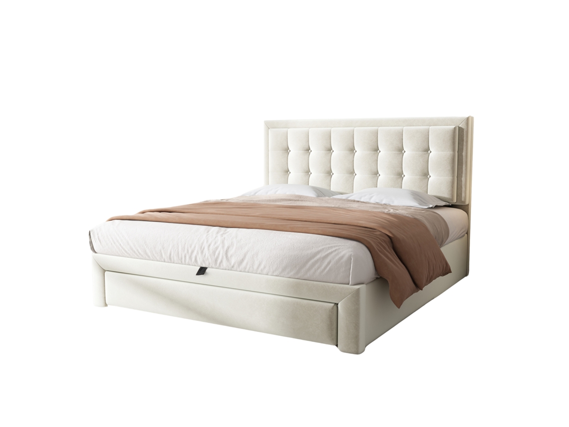 Cama Estofada 140x190 Cm com Estrutura de Madeira, cabeceira e Gavetas, cama de Armazenamento em Veludo Bege PAPRIKA