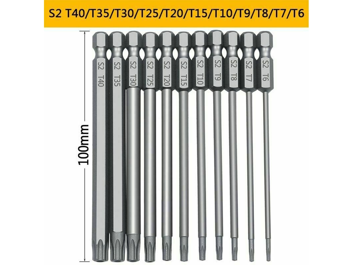 Conjunto De 11 Pontas Chave Fenda Torx S2 100 Mm (1/4 Polegada) Com Encaixe Hexagonal Precisão Para Furadeira. -aquaforge