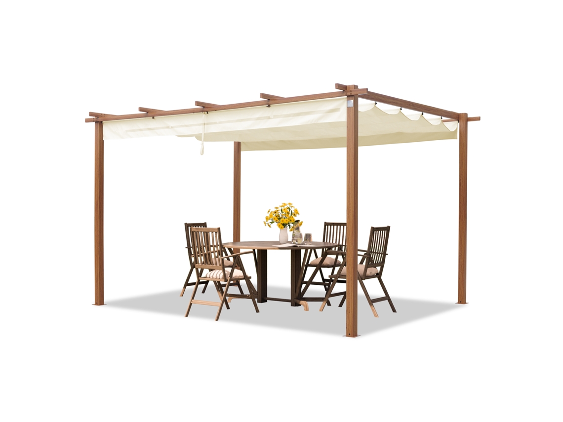Primeyard Pergolado 3x4 M Pavilhão De Jardim Com Teto Deslizante Estrutura De Aço Com Aparência De Madeira Toolport