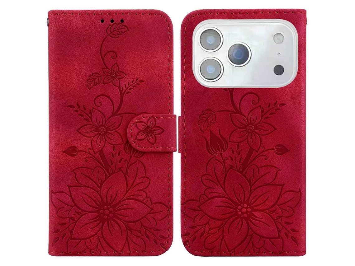 Capa Para Iphone 17 Pro Max Com Suporte, Estampa De Lírio Em Couro Sintético E Alça De Pulso, Na Cor Vermelha.
