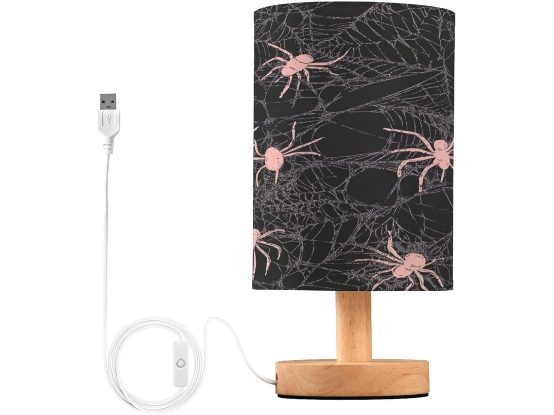 Luminária De Cabeceira Skyshu Com Teia Aranha Para O Halloween, Pequena Luminária De Mesa Led Usb Com Base Madeira